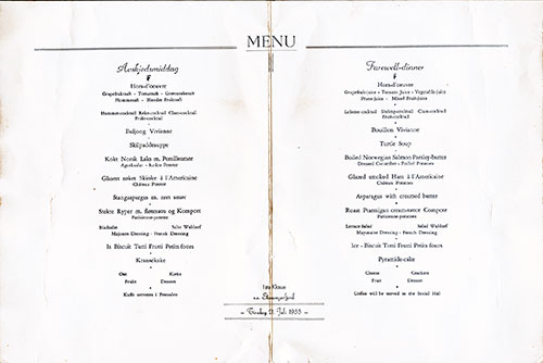 SS Stavangerfjord Farewell Dinner Menu Items, 21 July 1953.