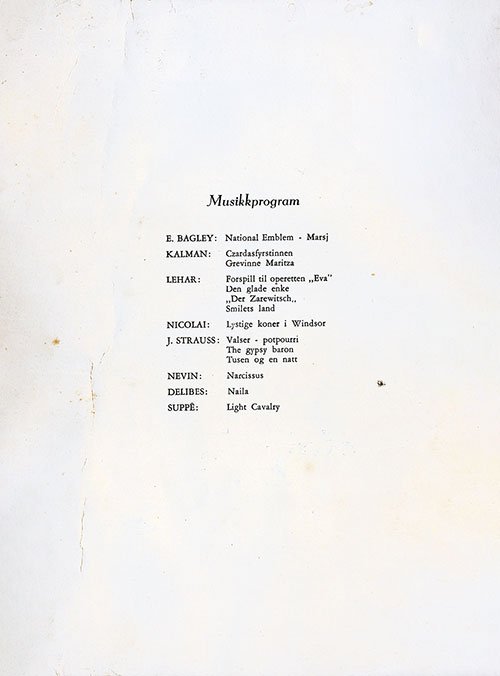 Music Program, SS Stavangerfjord Dinner Menu, 21 July 1953.