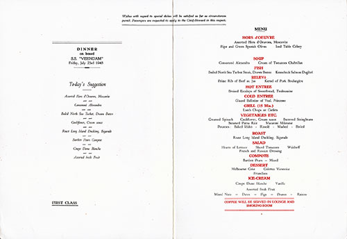 Menu Cover, Dinner Menu, SS Veendam, Holland-America Line, 23 July 1948