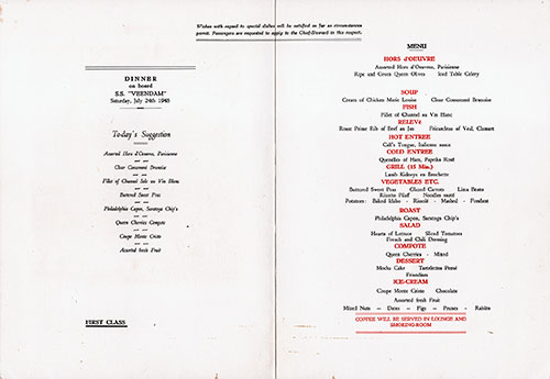 Menu Cover, Dinner Menu, SS Veendam, Holland-America Line, 24 July 1948