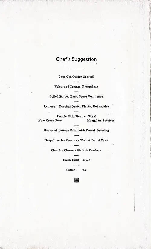 Chef's Suggestions for Dinner Menu Items, SS Washington, 22 November 1933.