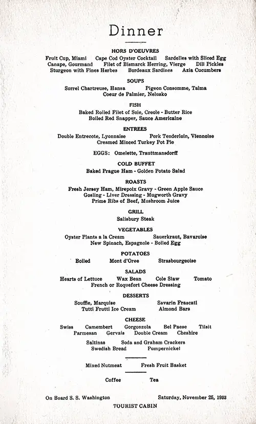 Menu Items, SS Washington Dinner Menu - 25 November 1933