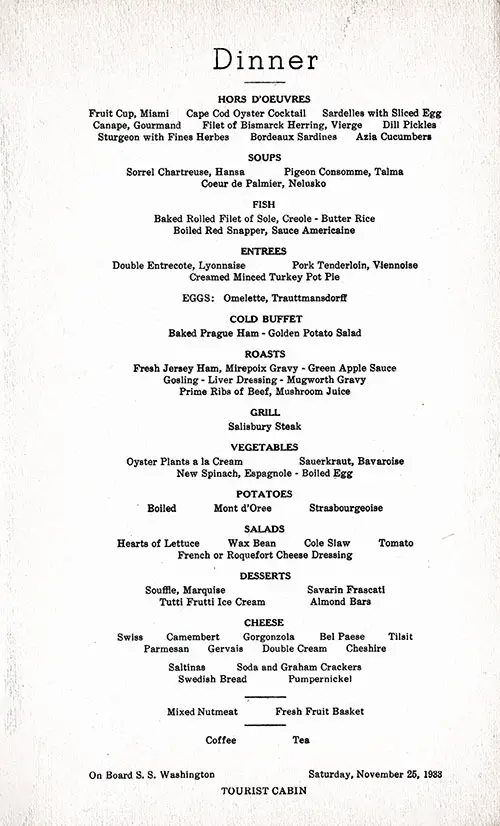 Tourist Cabin Dinner Menu Items, SS Washington, 25 November 1933.