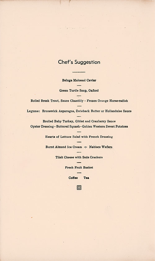 Chef's Suggestions, Tourist Cabin Farewell Dinner Menu, SS Washington, Sunday, 26 November 1933.