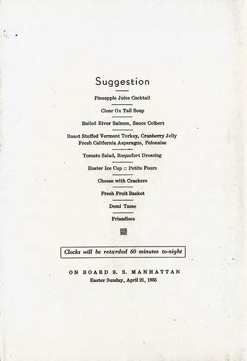 Menu Suggestions, Easter Dinner Menu from Easter Sunday, April 21, 1935 on Board the SS Manhattan of the United States Lines.