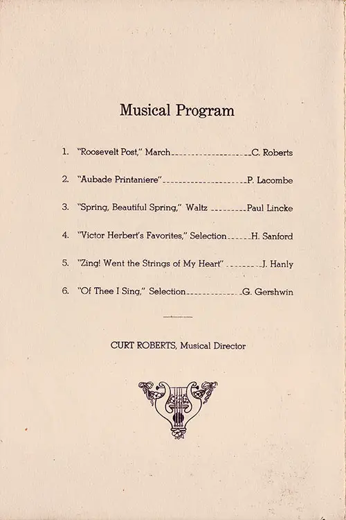 Music Program, Easter Dinner Menu from Easter Sunday, April 21, 1935 on Board the SS Manhattan of the United States Lines.
