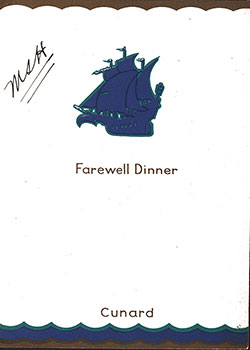 Front Cover of a Vintage Farewell Dinner Menu from 7 November 1933 on board the RMS Aquitania of the Cunard Line.