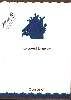 Front Cover, RMS Aquitania Dinner Bill of Fare - 7 November 1933