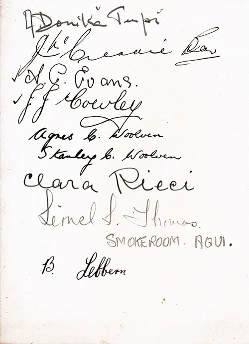 Autographs (Pg 2 of 2) from Farewell Dinner on the RMS Aquitania, 7 November 1933.