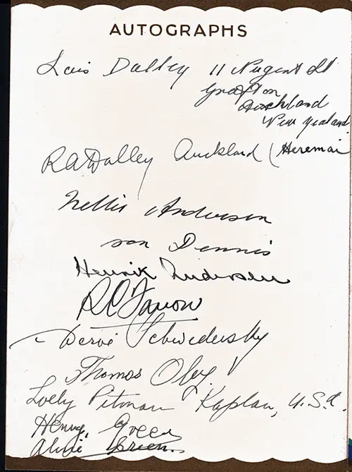 Autographs (Pg 1 of 2) from Farewell Dinner on the RMS Aquitania, 7 November 1933.
