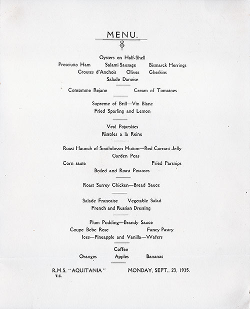 Farewell Dinner Menu Choices, RMS Aquitania, Monday 23 September 1935.