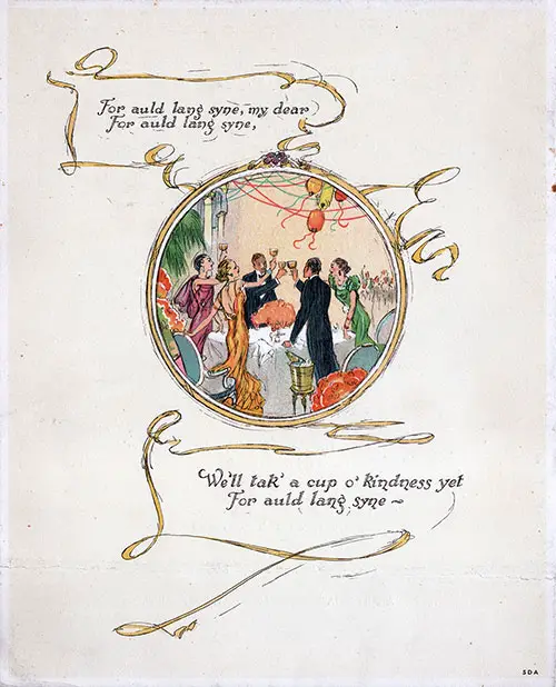 Lively Illustrated Back Cover of This RMS Aquitania Farewell Dinner Menu - 23 September 1935.