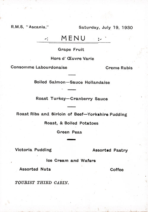 Menu Items, RMS Ascania Farewell Dinner Menu - 19 July 1930