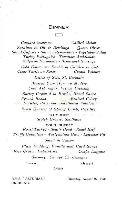 Menu Items, RMS Asturias Farewell Dinner Menu - 22 August 1935