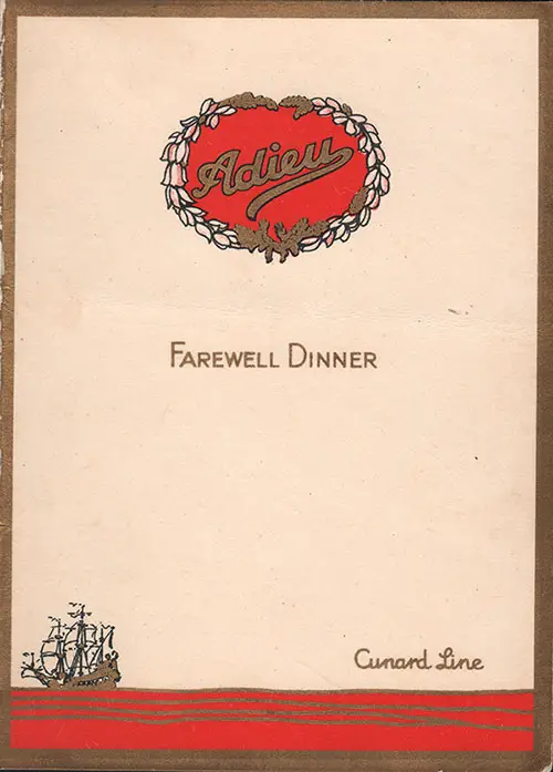 Front Cover of An Elegant Cover Adorns This Vintage Adieu Farewell Dinner Menu From Friday, 28 June 1929 Onboard the SS Aurania of the Cunard Line.