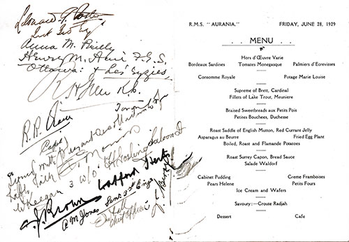 Passenger Autographs and Menu Items from the Farewell Dinner Menu for Friday, 28 June 1929 Onboard the SS Aurania of the Cunard Line.