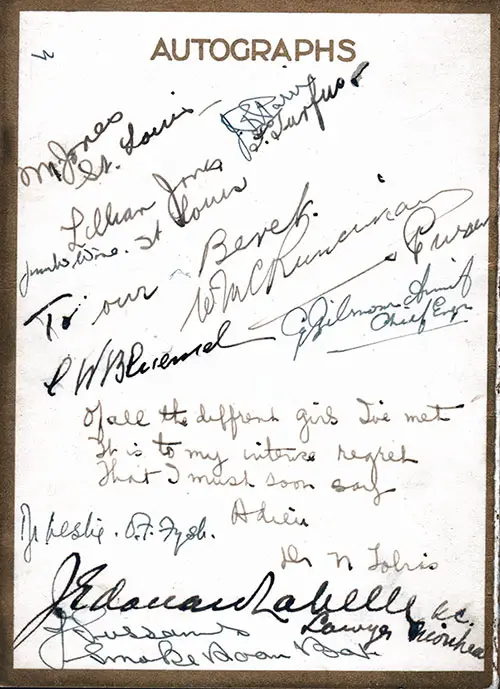 Autographs Page from the Farewell Dinner Menu for Friday, 28 June 1929 Onboard the SS Aurania of the Cunard Line.