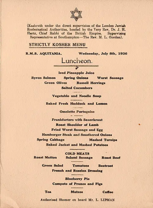Menu Item Selections Offered in the Strictly Kosher Luncheon Menu From the RMS Aquitania of the Cunard Line for 8 July 1936.