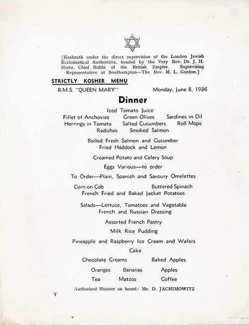 Menu Cover - Kosher Dinner Menu, RMS Queen Mary, Cunard Line, 8 June 1936
