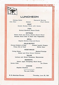 Luncheon Bill of Fare Card, SS American Farmer, American Merchant Lines, 1934