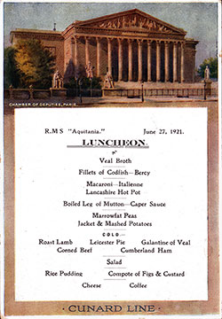 Front Cover, RMS Aquitania Luncheon Bill of Fare - 27 June 1921