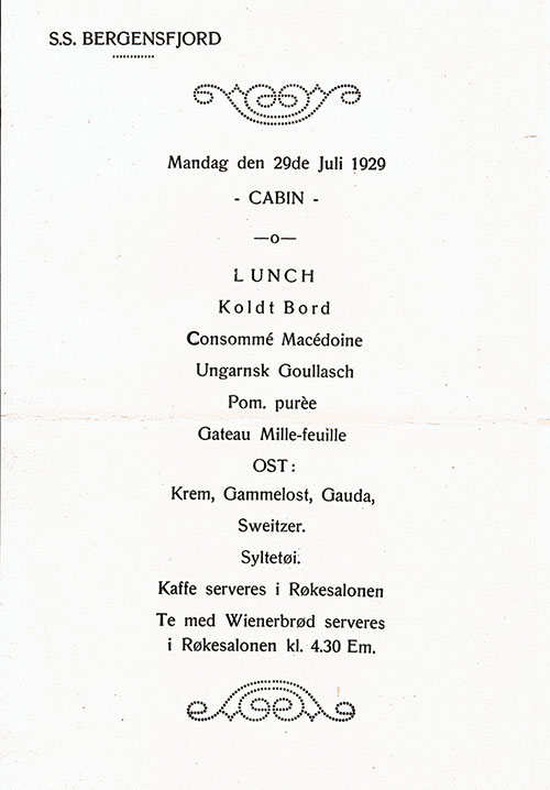 Lunchen Menu Items in Norwegian, SS Bergensfjord, 29 July 1929.