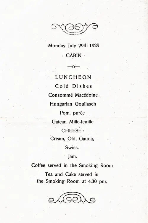 Luncheon Menu Selections, SS Bergensfjord, 29 July 1929.