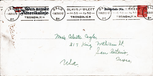 Letterhead Envelope from the Den Norske Amerikalinje, Trondhjem. Part of the SS Bergensfjord Lunchen Menu, 29 July 1929 Collection.