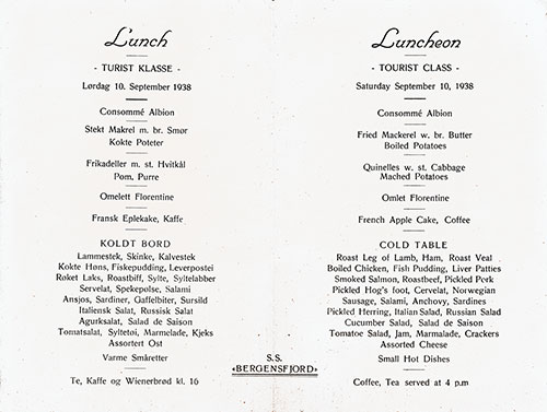 Luncheon Menu Items in Norwegian and English, SS Bergensfjord, 10 September 1938.