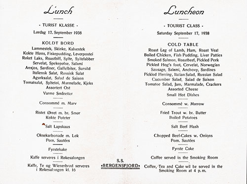Luncheon Menu in Norwegian and English, SS Bergensfjord, 17 September 1938.