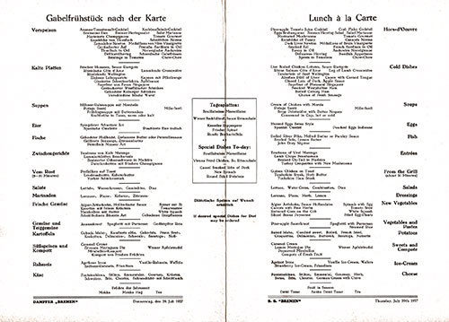 Menu Items, SS Bremen Luncheon Menu - 29 July 1937