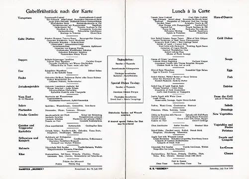 Menu Items, SS Bremen Luncheon Menu - 31 July 1937