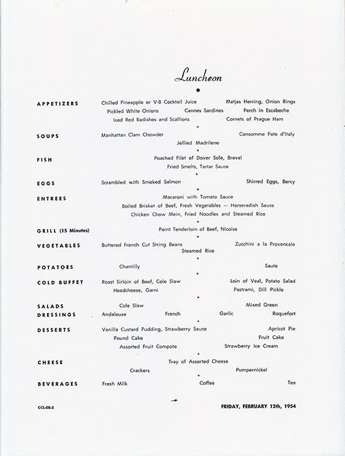 Menu Items, Large Format Luncheon Menu on the SS Constitution of the American Export Lines, Friday, 12 February 1954.