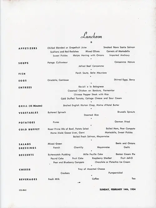 Menu Items, Large Format Luncheon Menu on the SS Constitution of the American Export Lines, Sunday, 14 February 1954.