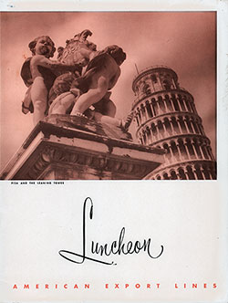 Photograph of Pisa and the Leaning Tower on the Front Cover of a Vintage Large Format Luncheon Menu from 16 February 1954 on board the SS Constitution of the American Export Lines