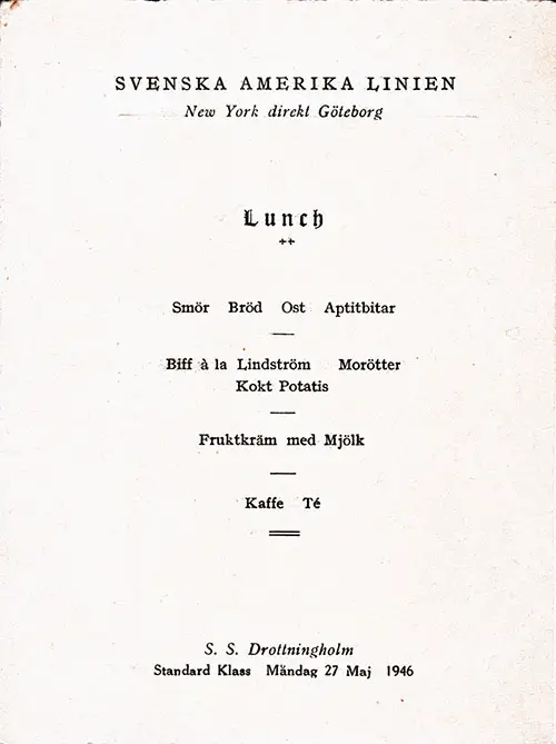 Menu Items in Swedish, SS Drottningholm Luncheon Menu 27 May 1946