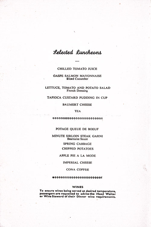 Chef's Suggestion for Lunch, SS Empress of France, 19 May 1953.