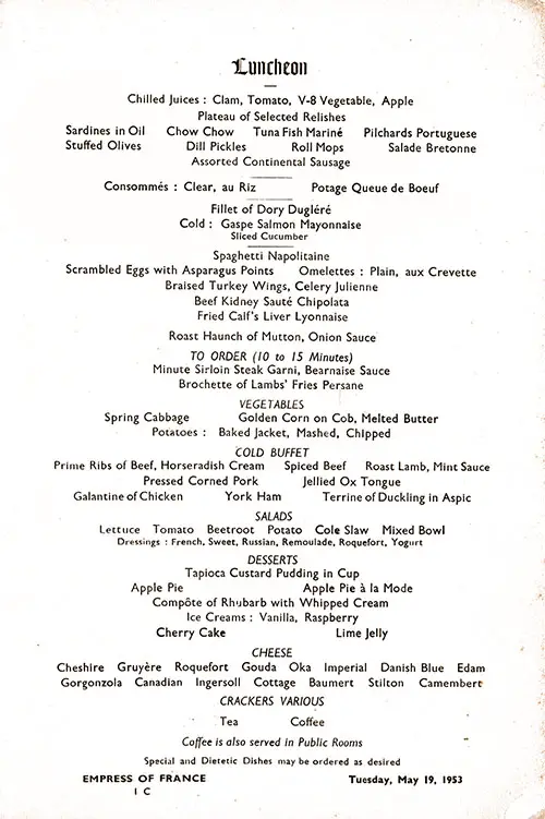First Class Luncheon Menu Items, SS Empress of France, Tuesday, 19 May 1953.