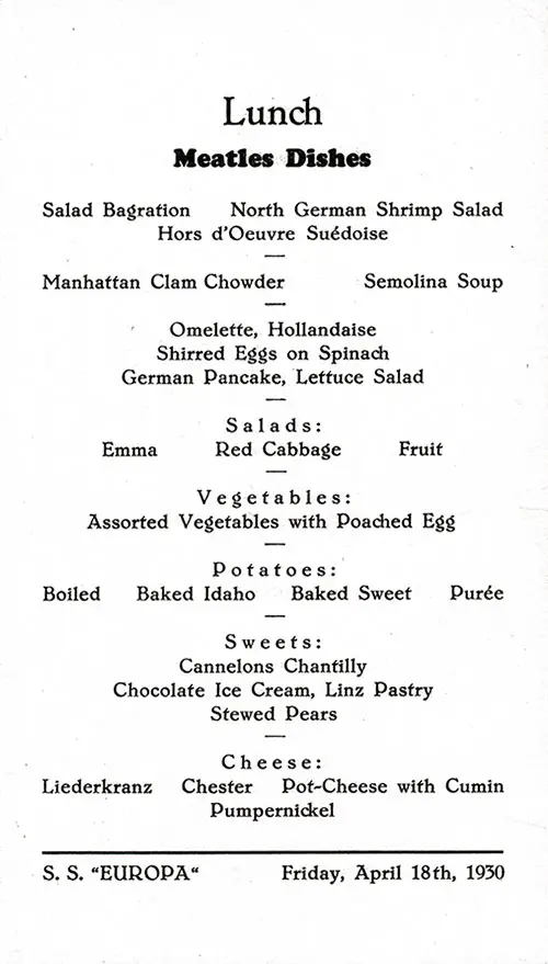 Menu Items, SS Europa Luncheon Menu - 18 April 1930