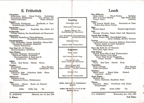 Menu Items in German and English, SS Europa Luncheon Menu - 18 June 1930