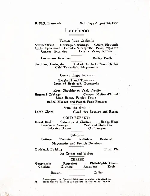 Menu Items, RMS Franconia Luncheon Menu - 20 August 1938