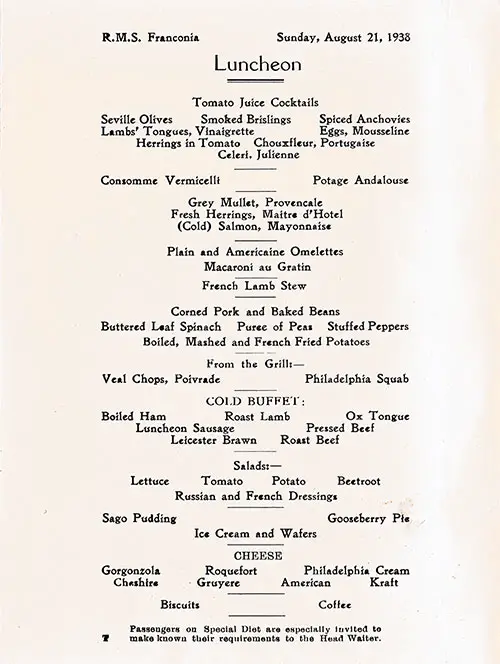 Menu Items, RMS Franconia Luncheon Menu - 21 August 1938