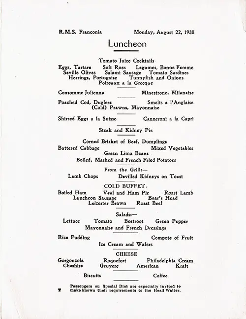 Menu Items, RMS Franconia Luncheon Menu - 22 August 1938