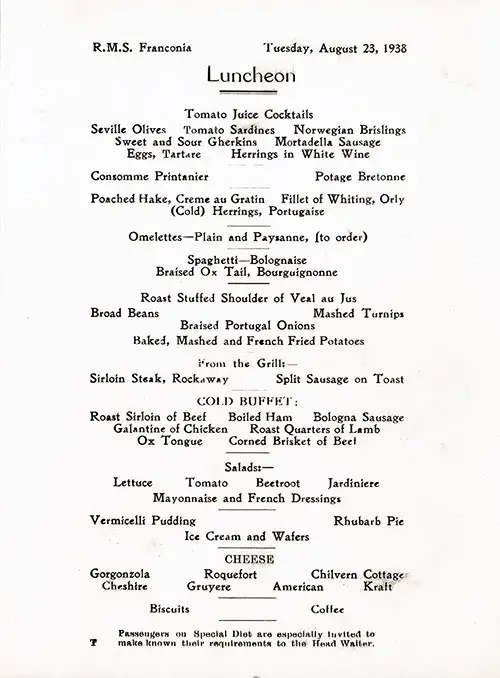 Menu Items, RMS Franconia Luncheon Menu - 23 August 1938
