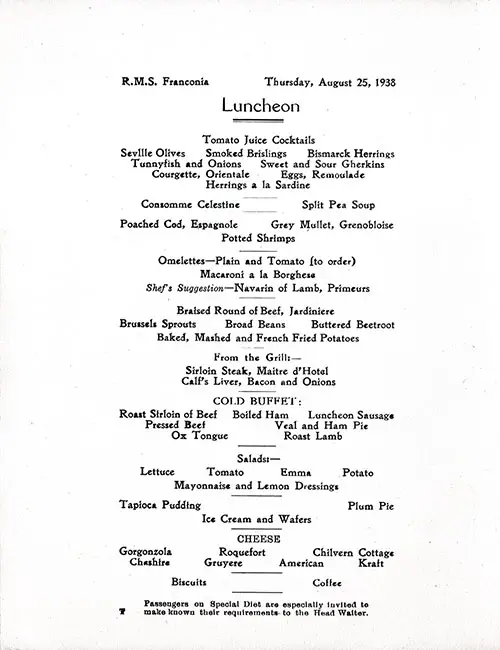 Menu Items, RMS Franconia Luncheon Menu - 25 August 1938