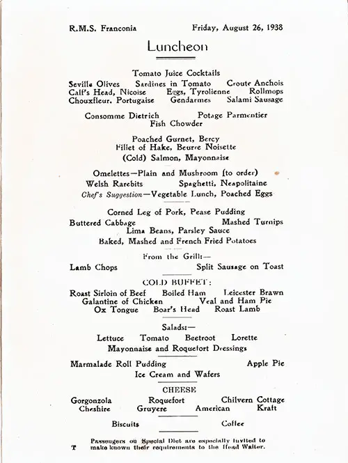 Menu Items, RMS Franconia Luncheon Menu - 26 August 1938