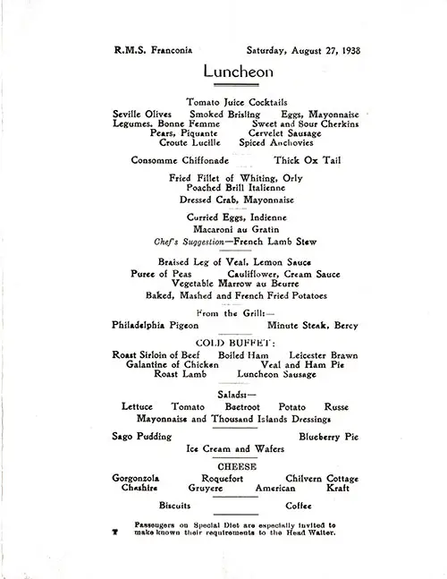 Menu Items, RMS Franconia Luncheon Menu - 27 August 1938