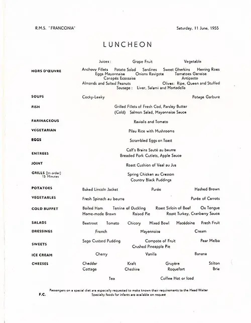 Menu Items, RMS Franconia Luncheon Menu - 11 June 1955