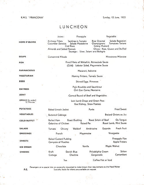 Menu Items, RMS Franconia Luncheon Menu - 12 June 1955