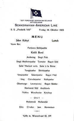 Front Cover, SS Frederik VIII Luncheon Menu 19 October 1923